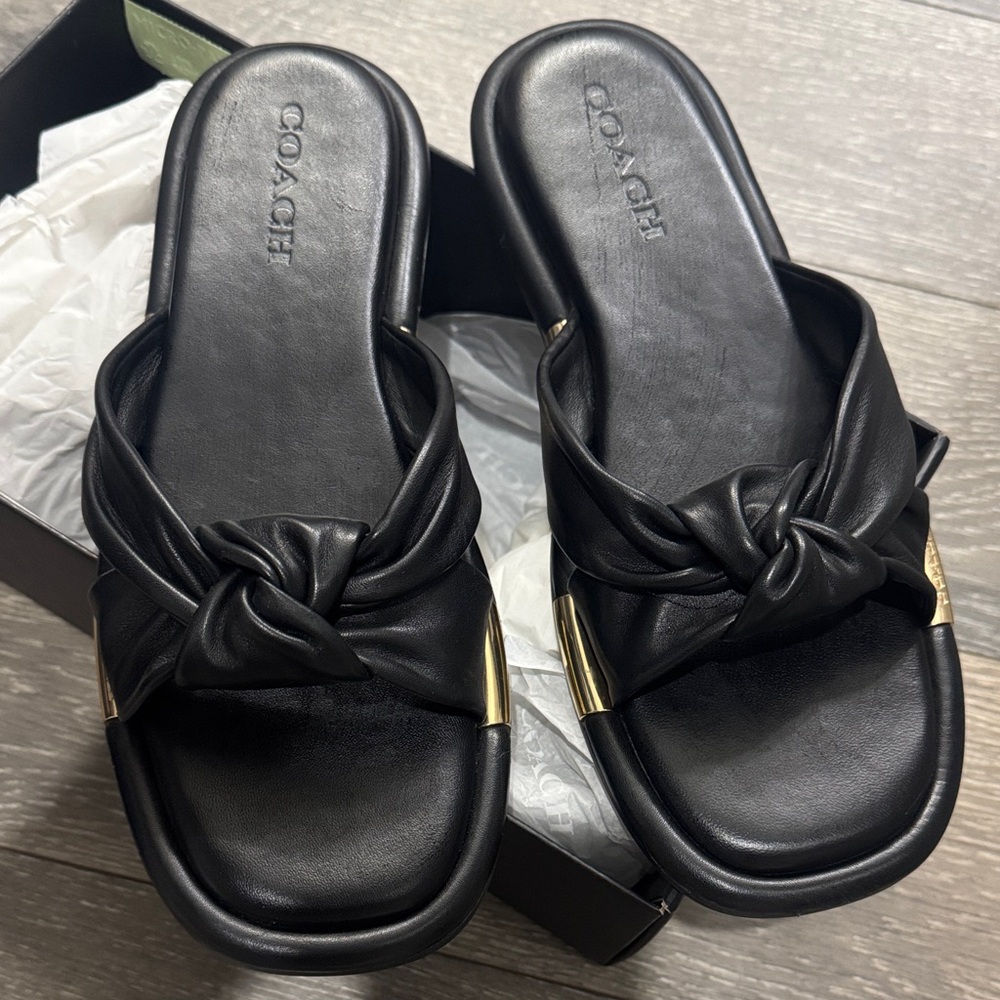 Coach Black Leather Knot Slide Sandals